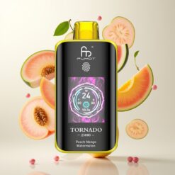 Fumot Tornado 25000 Puffs Engangsdamper Fersken Mango Vannmelon med HD-skjerm, 20ml væske, 700mAh batteri