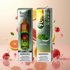 RandM Tornado 9000 Puffs – 850 mAh, 18 mL, Mesh Coil, RGB-display, Surskatt (Sour Candy)