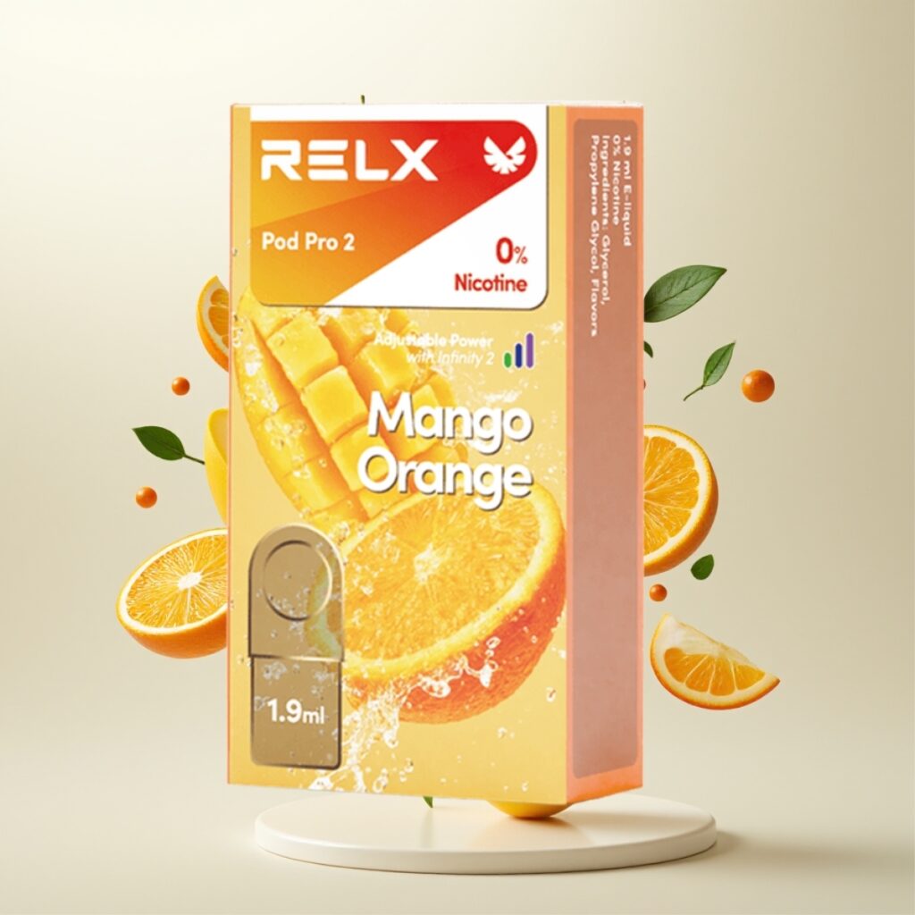 RELX Pod Pro 2 - 0% nikotin, 600 puff, 1.9ml, Mango Oransje - 2/3 pods/pakke, 3 spenningsinnstillinger