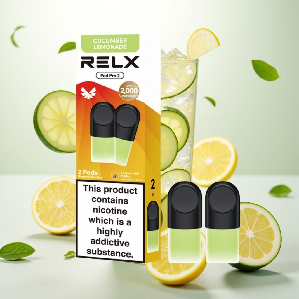 RELX Pod Pro 2 - 1,8% nikotin, 600 puff, 1,9ml, Drikke-Agurk Lemonade, 2/3 poser