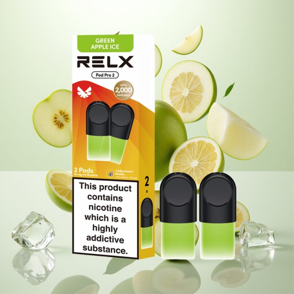 RELX Pod Pro 2 - 1,8% nikotin, 600 puffs, 1,9ml kapasitet, Grønt Eple Is