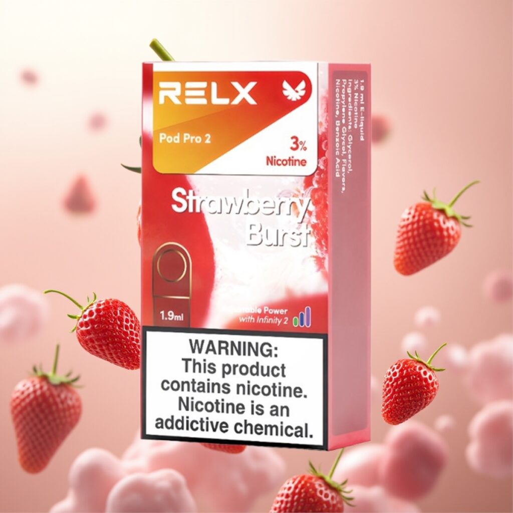 RELX Pod Pro 2 – Jordbæreksplosjon, 3% nikotin, 600 puff, 1.9ml, 3 spenningsjusteringer