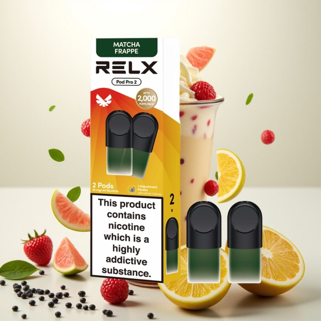 RELX Pod Pro 2 – Te-Matcha Frappe Te med 1,8% nikotin, 600 puff, 1,9ml kapasitet, 3 spenningsinnstillinger